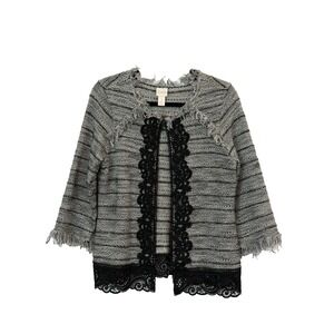 Chicos Open Front Textured Jacket Womens 1X Fringe Lace Old Money Quiet Luxury